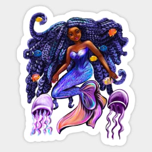 mermaid with flowing shimmering blue black braids fish and jelly fish  , brown eyes curly Afro hair and caramel brown skin Sticker